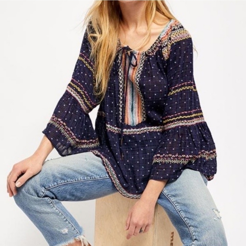 Free People Talia Embroidered Blouse Top Starless Sky Size XS Loose Fit Boho